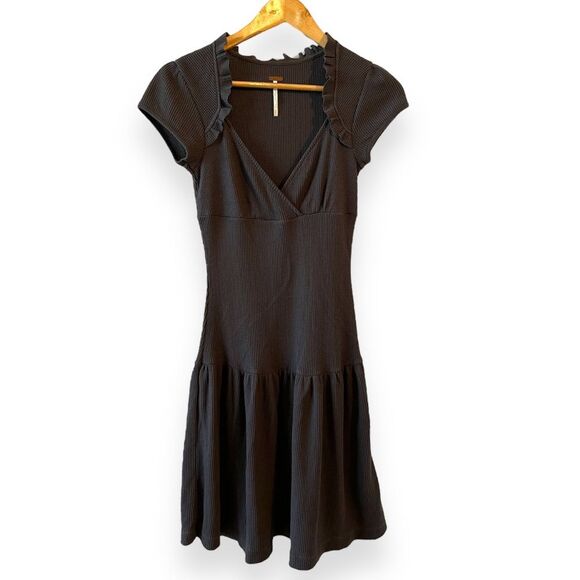 Free People XS Waffle Knit Henley Dress Casual Skater Boho Artsy Lagenlook Chic - Picture 1 of 5